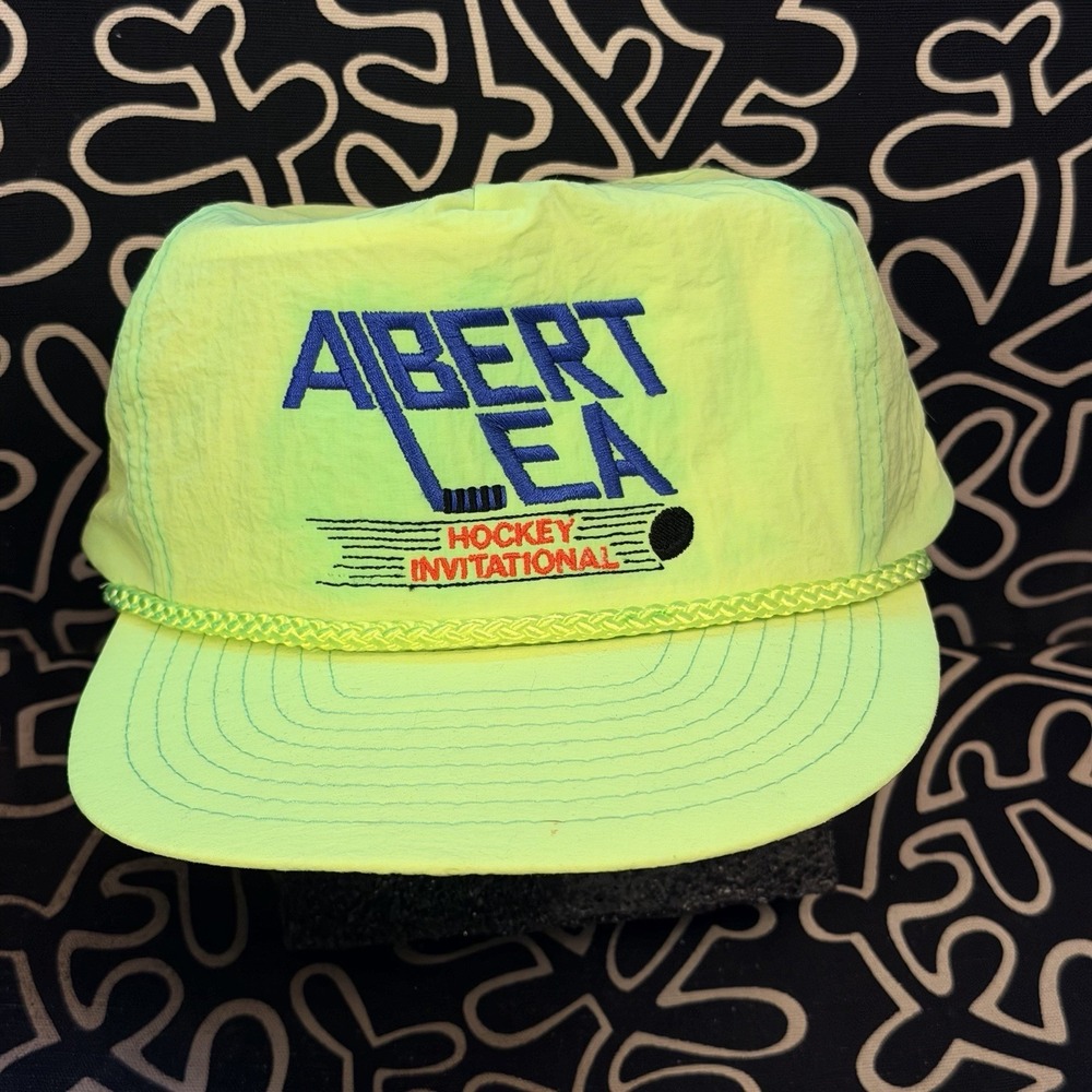 Vintage 90's Neon Green Nylon Hat Cap Minnesota Albert Lea Hockey - Nissin Tag
